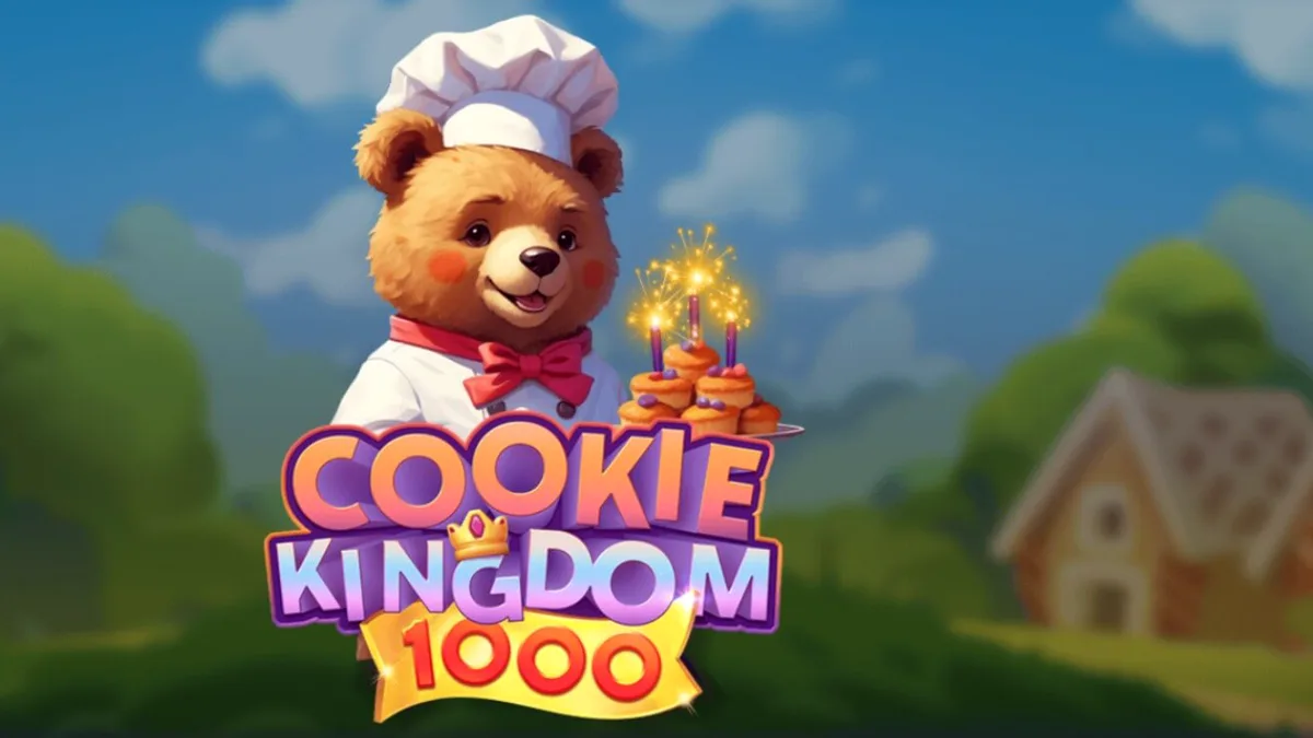 Tampilan layar permainan slot Cookie Kingdom 1000 dengan simbol-simbol permen dan hewan lucu serta latar belakang kerajaan kue