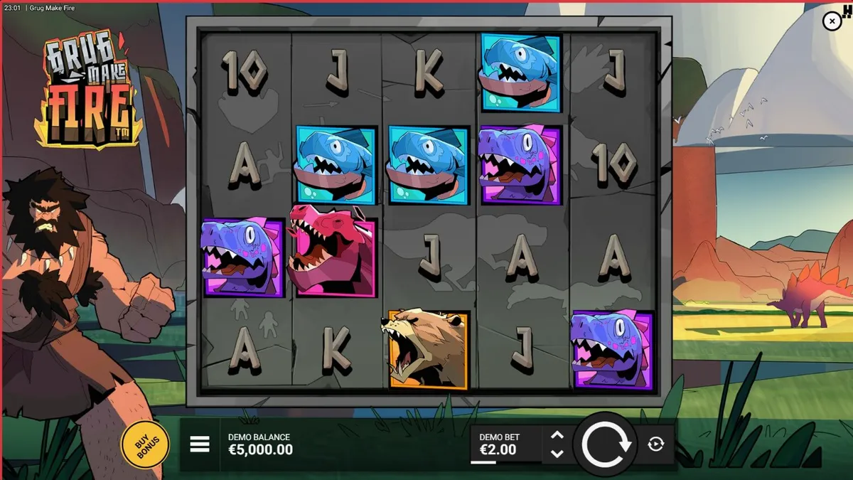 Tampilan visual slot Grug Make Fire dengan elemen api dan karakter caveman.