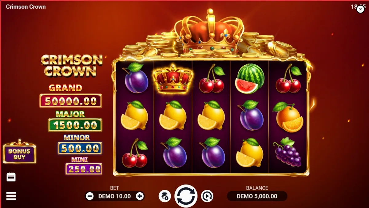 Tampilan visual slot Crimson Crown dengan tema buah dan mahkota emas